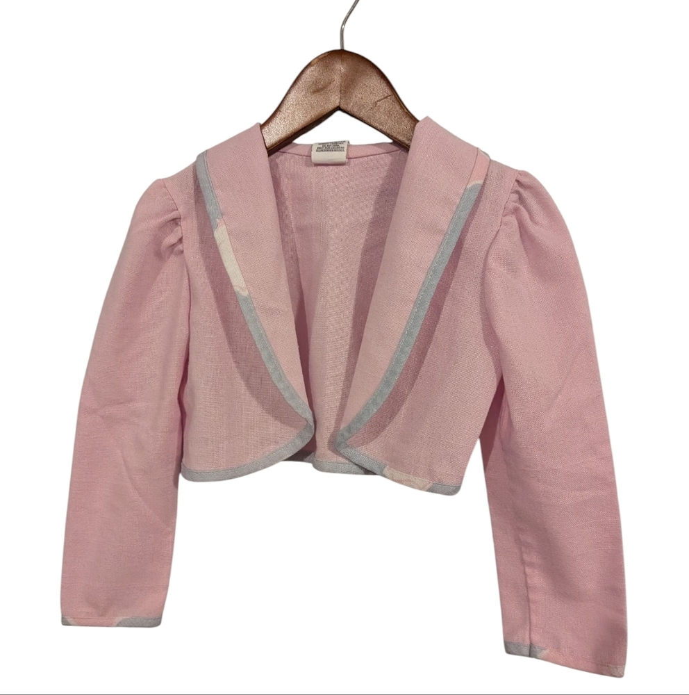 80s 90s Vintage Pastel‎ Pink Girls Linen style Cropped Blazer Floral Trim